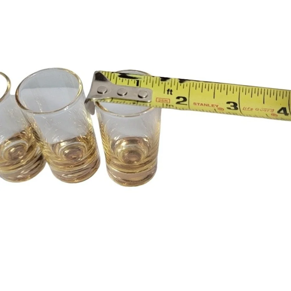 Vintage MCM Shot Glass Set w/ Holder Barware Gold Tone‎ Rim Retro